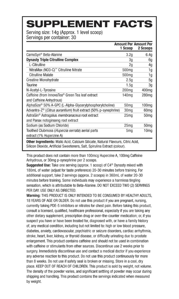 C4 Dynasty MMXX Pre Workout by Cellucor Nutrition Facts