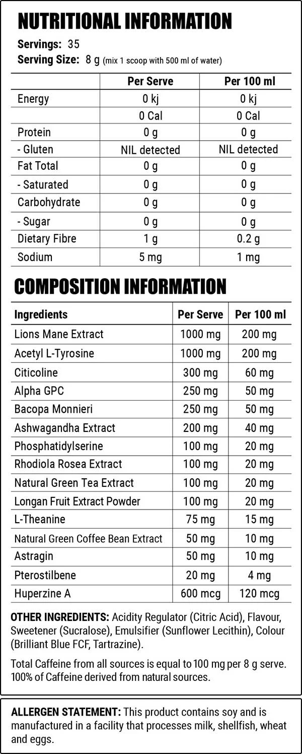 Faction labs attention Nutrition Facts