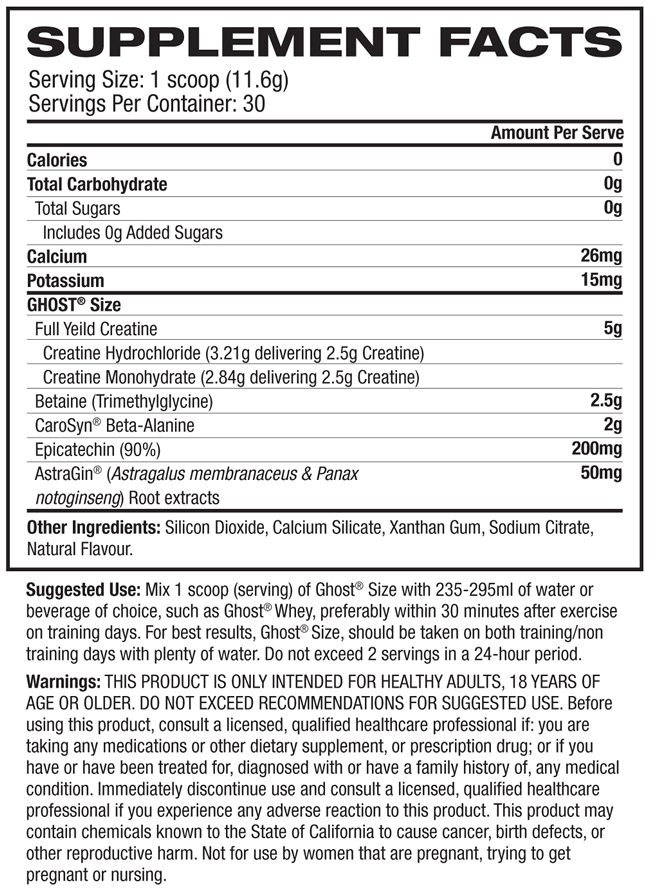 Ghost Size Nutrition Facts