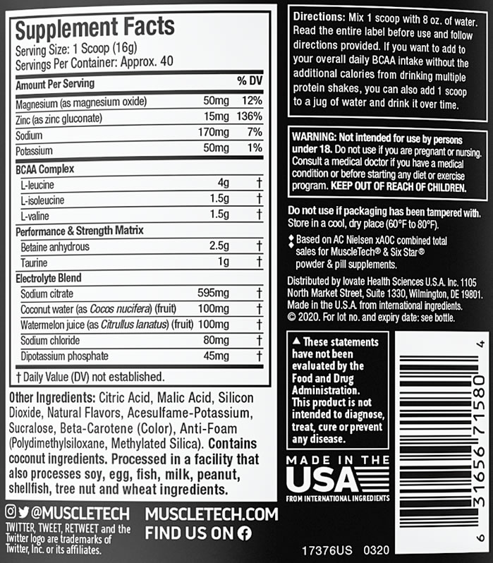 Muscletech Amino Build nutrition Facts