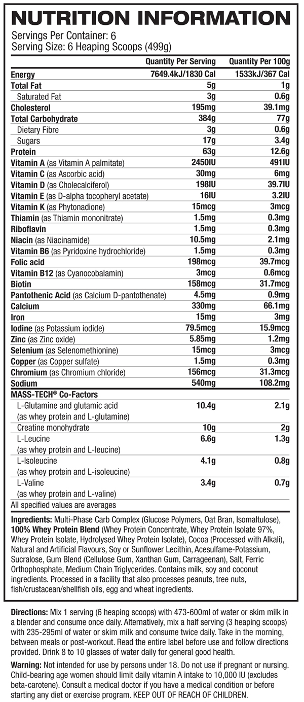 Masstech Nutrition Facts