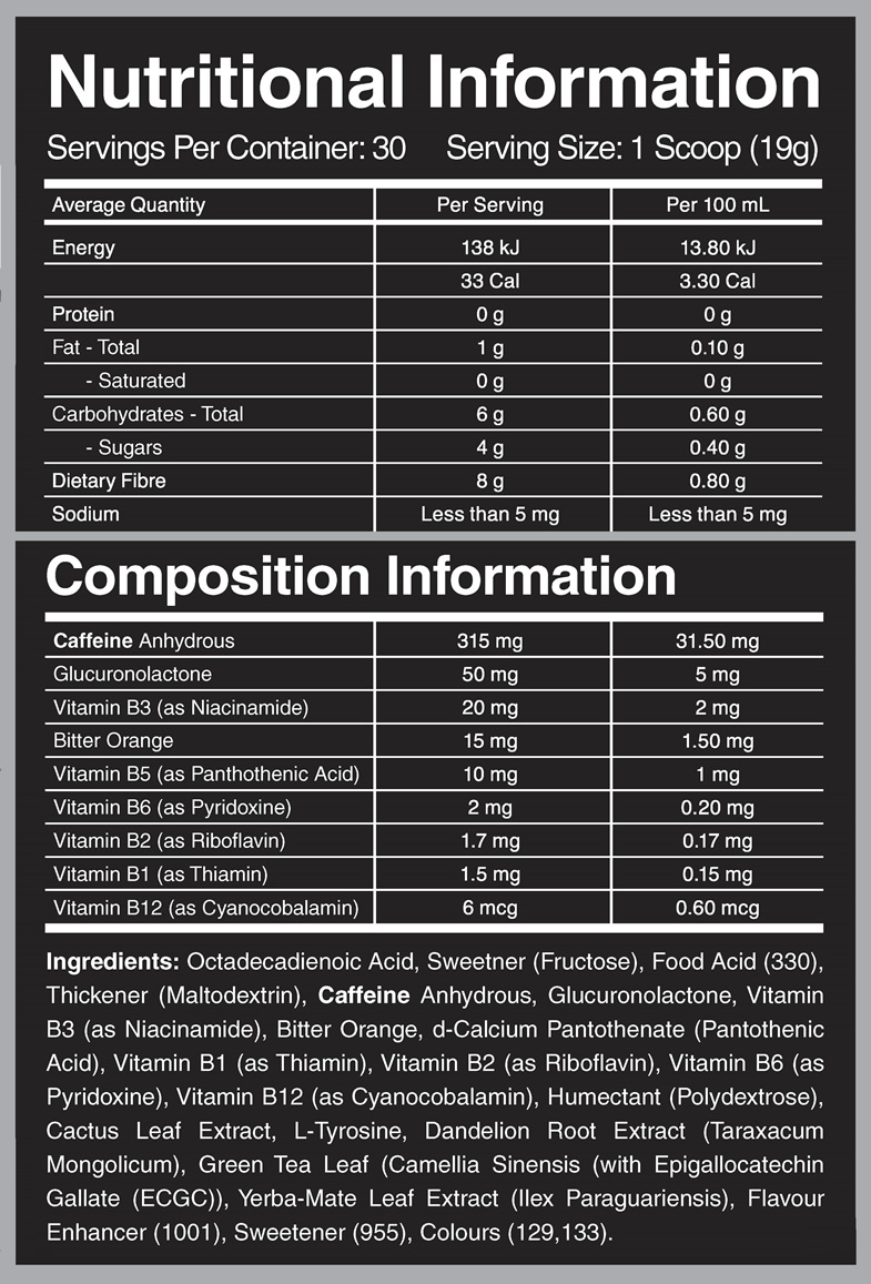 Body Effects Nutrition Facts